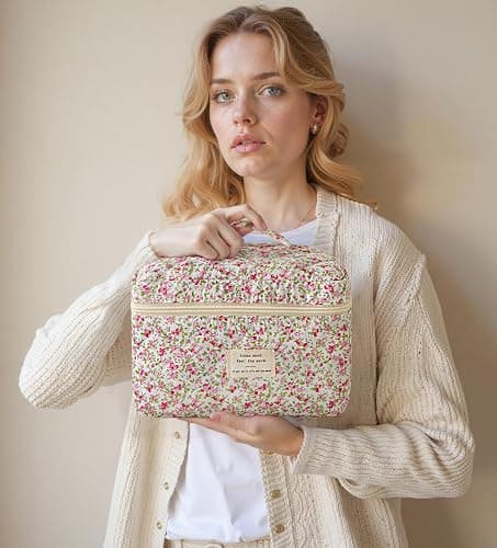 HBselect Quilted Makeup Bag, 3PCS Cotton Large Travel Makeup Bag, Cute Floral Coquette Make up Bag Cosmetic Bag Toiletry Bag for Women Girls thumbnail 7