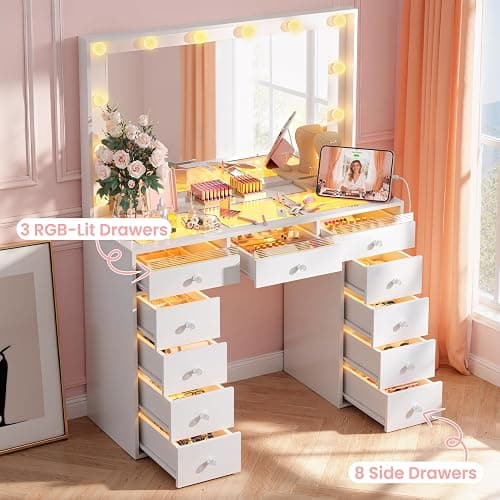 IFSEB Makeup Vanity Desk with LED Lights and Large 36.9’’ Mirror 11 Drawers | Vanity with RGB Glass Top & 3 Color Hollywood Bulbs, Make Up Vanity with Charging Station & Crystal Knobs, White thumbnail 3