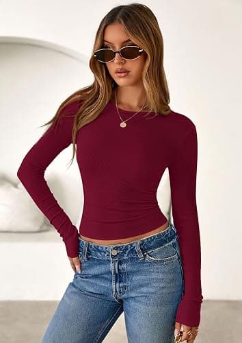 PRETTYGARDEN Women 2025 Fall Clothes Long Sleeve Shirts Ribbed Knit Fitted Basic Tee Going Out Tops Underscrub Casual Outfits thumbnail 4