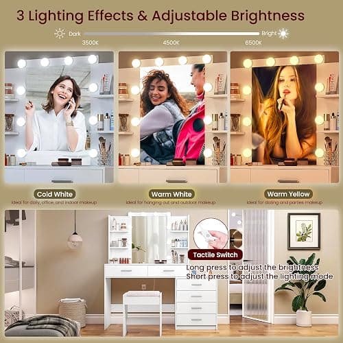 Quimoo 48" Large Vanity Desk with Mirror & Lights, Makeup Vanity Table with 6 Drawers & Power Outlet, 6 Open Storage Shelves, Vanity Desk Set with Stool, for Women Girls, White thumbnail 9