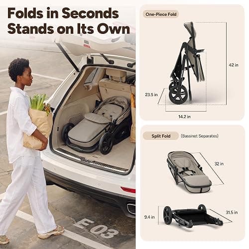 Mompush Wiz 2-in-1 Bassinet Stroller Reversible Seat, One-Hand Fold, Khaki | Newborn to toddler, large wheels with suspension, multi-position recline, UPF 50+ canopy, large basket, cup holder included thumbnail 7