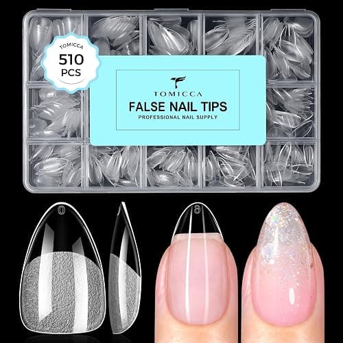TOMICCA Short Almond Nail Tips, 510pcs 15 Sizes Pre-Shaped Soft Acrylic Gel Nail Tips Almond Shape Clear Press on Nails Extensions False Nails for Nail Manicure Salon Beginner Home DIY - Image 1