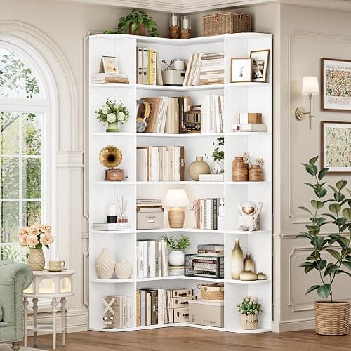 FOTOSOK 74” Tall Corner Bookshelf, 6-Tier Bookshelf and Bookcase with Open Storage, L Shaped Tall Bookcases Wooden Storage Shelves for Home Office, Thickened Boards for Better Load Bearing, White - Image 1