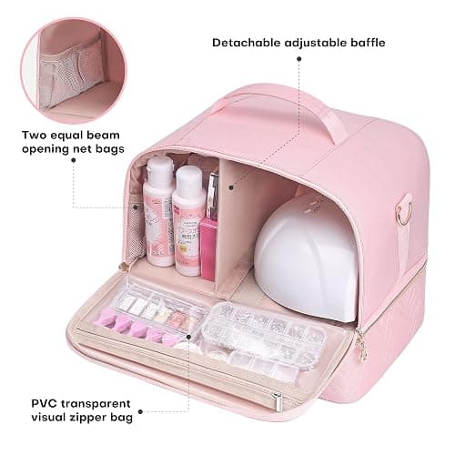 Leudes Nail Polish Organizer and Storage Holder 42 Bottles&Manicure Kit &Nail Lamp,Nail Stuff Bag Organizer Travel Case for Nail Tech Supplies Accessories Manicure Tools (Pink) thumbnail 4