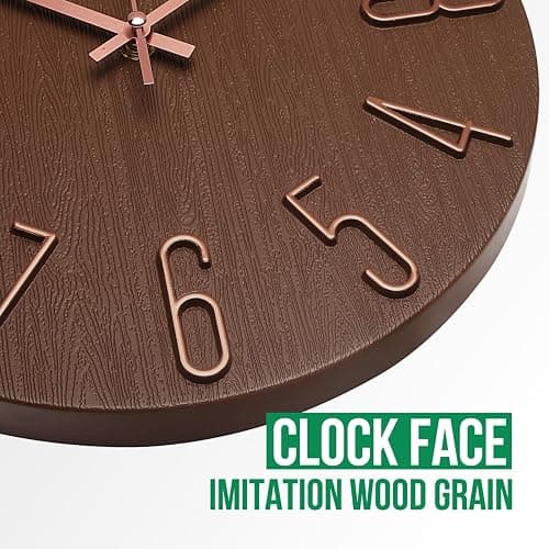 bakbrand Wall Clock 12 Inch Silent Non-Ticking Imitation Wood Indoor Clock Round Brown Decor Clock Modern 3D Figures Quartz Wall Clocks for Home, Hotel, Office, School thumbnail 5