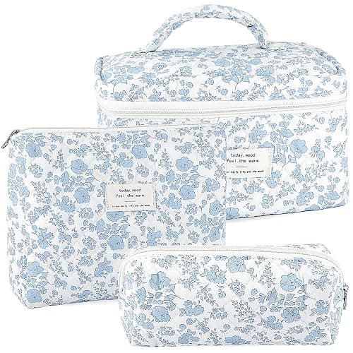 URSKYTOUS 3Pcs Makeup Bag Quilted Cosmetic Bag Set Bow Travel Large Makeup Pouch for Women Cute Portable Cotton Toiletry Bag Skincare Organizer Coquette Vintage Travel Essential - Image 1