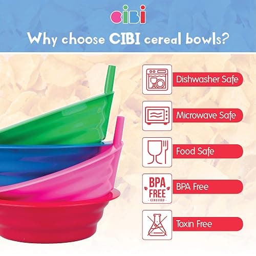 Cibi Cereal Bowls with Straws for Kids BPA-Free Plastic | Toddler Sip-A-Bowls with Built-In Straw for Cereal and Soup | Set of 4 Colorful Breakfast Bowls thumbnail 4
