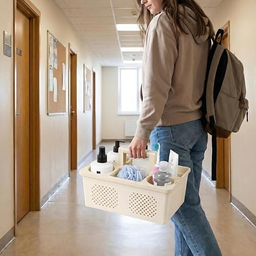 KMV Dorm Room Portable Shower Caddy with Adjustable Compartments - Ventilated Drainage Design with Handles, Perfect Toiletries Organizer for College Dorms-beige thumbnail 2