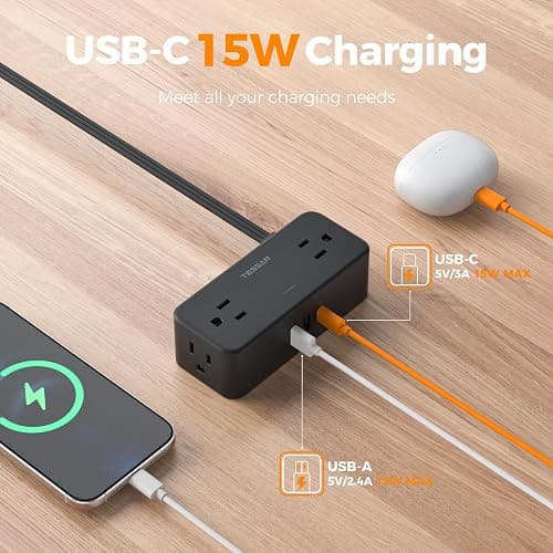 TESSAN Black Extension Cord 5 Ft, Flat Surge Protector Power Strip with 4 Wide Spaced AC Outlets 3 USB Ports (1 USB C), Ultra Thin Flat Plug with 900J Surge Protection, Office Dorm Room Essentials thumbnail 4