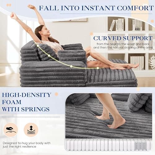 Oversized Chaise Lounge Indoor, Modern Plush Faux Fur Fabric Deep Seat Boneless Memory Foam Sleeper Chaise Lounge Sofa Chair with Pillows for Living Room Bedroom Studio, No Assembly Couch, Grey thumbnail 4