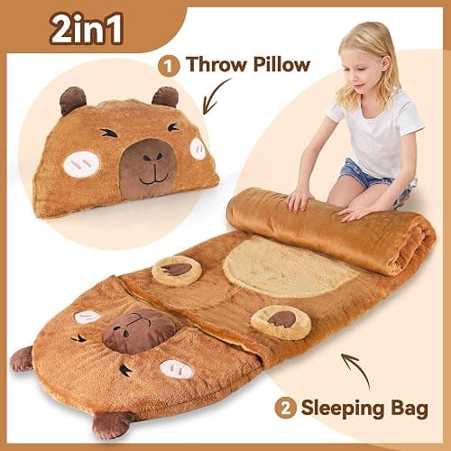 iPlay, iLearn Kid Sleeping Bag, Plush Capybara Slumber Bag, Toddler Girl Boy Nap Mat, 2 In 1 Brown Animal Pillow, Happy Travel Sleepover Daycare Preschool Birthday Gift for Age 3 4 5 6 7 8 10 12 Child thumbnail 5