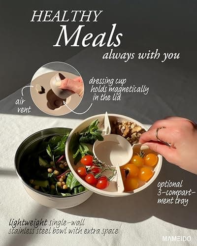 MAMEIDO Salad Box to go 1.5 l, Bento Box Stainless Steel for Adults, BPA-Free Salad Bowl, Bento Lunch Box with compartments & Leak-Proof dip Container (Taupe Grey) thumbnail 3