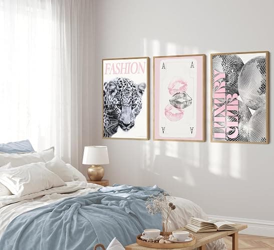 Pink Trendy Leopard Preppy Wall Art Funky Black Cheetah Picture Wall Decor Luxury Club Fashion Disco Ball Ace of Spades Painting Aesthetic Poster Print Artwork for Living Room Bedroom Dorm Apartment thumbnail 2