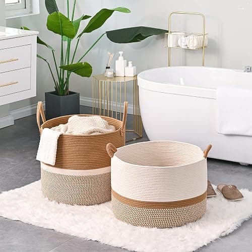 KAKAMAY Large Blanket Basket (20"x13"),Woven Baskets for storage Baby Laundry Hamper, Cotton Rope Blanket Basket for Living Room, Laundry, Nursery, Pillows, Baby Toy chest (White/Brown) - Brown thumbnail 5