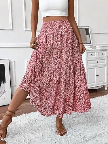 TuoGo Women's Smocked High Waist Maxi Skirt Casual Boho Long Skirts with Pockets thumbnail 7