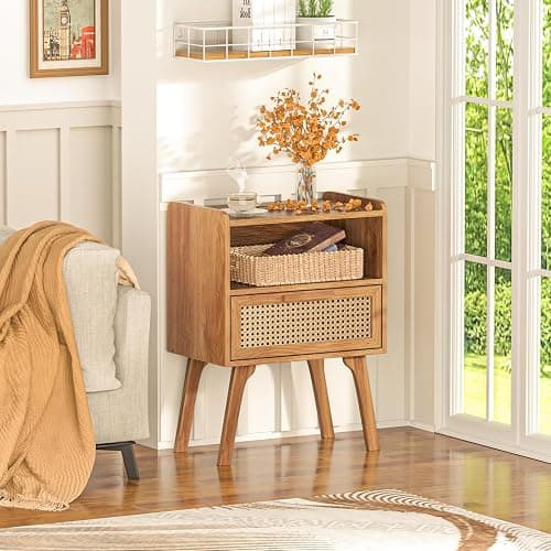 Lerliuo Rattan Nightstand, Side Table with Drawer Open Shelf | Bedside End Table with Solid Wood Legs, Mid Century Modern Night Stand for Bedroom, Dorm and Small Spaces (Tea Brown) thumbnail 7