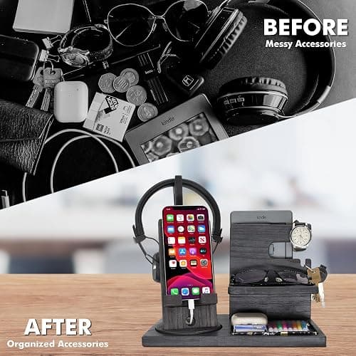 Gift for Men Nightstand Organizer with Headphone Stand & Rotating Phone Stand, Stylish Headphone Holder to Keep Desk Accessories for Men Organized, Unique Dad Birthday Gift, Gifts for Boyfriend thumbnail 3
