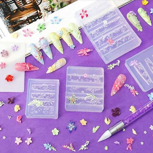 Laza 4pcs 3D Silicone Nail Art Molds Multiple Flower Shapes Nail Molds | Reusable Nail Molds for Nail Art, Good Elasticity, Acrylic 3D Spring Summer Flower Nail Charms Molds with Scraper & Pen thumbnail 2
