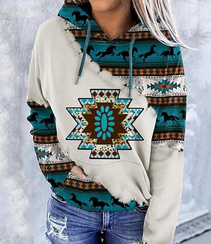 Lanaoree Women's Geometric Horse Print Aztec Hoodie Pullover Cowgirl Western Hooded Sweatshirt S-2XL thumbnail 5