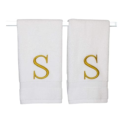 Decorvo Monogrammed Hand Towels for Bathroom - Luxury Hotel Quality Personalized Initial Decorative Embroidered Bath Towel for Powder Room, Spa - GOTS Organic Certified - Set of 2 Gold Letter S - Image 1