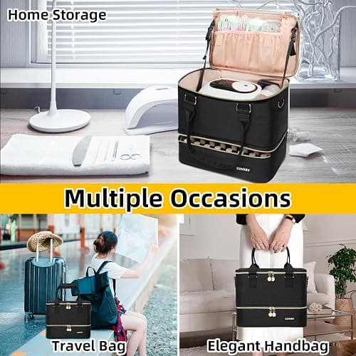 Covkev Nail Polish Organizer Hold 80 Bottles (15ml/0.5 fl.oz)& Nail Lamp, Double Layer Nail Bag Organizer Case with Handle, Large Nail Supplies& Kit Storage Case for Women Travel (Black& Golden) thumbnail 8