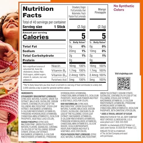 Dunkin’ Refreshers Singles To Go! Powdered drink mix packets, 40 Ct Variety Pack, 40 Single serve Packets per Box (40 servings), Energy from Green Tea, aspartame-free, no synthetic colors, naturally and artificially flavored, just add water thumbnail 2