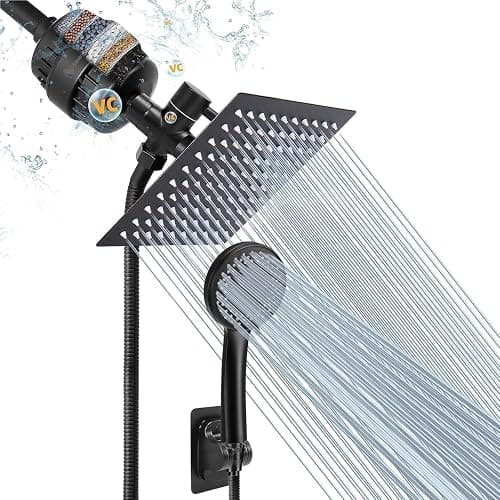 NearMoon Filtered Rain Shower Head, High Pressure 8″Square, and 5 settings Handheld Shower Filter Combo with Self-adhesive Holder/1.5M Hose -1 Replaceable Filter Cartridge (Matte Black) - Image 1