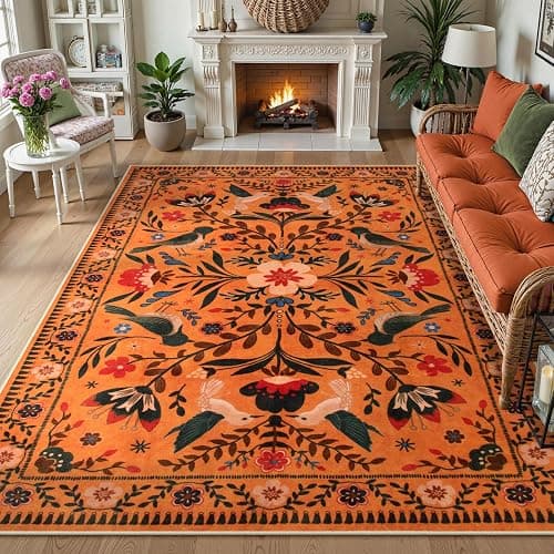 Moynesa Washable 8x10 Area Rugs for Living Room Bedroom Dining Room, Bohemian Scandinavian Modern Country Aesthetic Floral Bird Medallion Carpet, Fall Home Decor Open Floor Areas Protection Non-Slip - Image 1