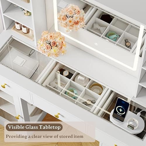 Makeup Vanity Desk with HD Lighted Mirror & Power Outlet, Glass Top Vanity Table Set with Storage Drawers & RGB Cabinets, Large Dressing Table with 3 Lighting Modes for Bedroom Women Girls Kids, White thumbnail 7