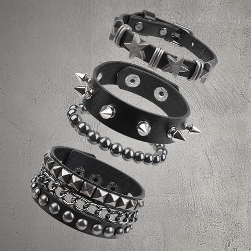 Molirex 4 Pcs Punk Rock Studded Bracelet Set Leather Cuff Bracelets for Men Women 80s Emo Goth Accessories thumbnail 4