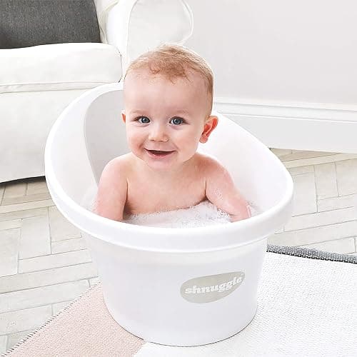 Shnuggle Newborn Baby Bath | Built in Support Bump and Soft Backrest | Suitable from Newborn | Bath Seat Support Includes Plug | White with Grey backrest & New Folding Bath Stand thumbnail 2