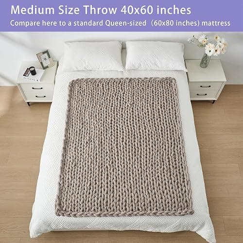 Bigacogo Chunky Knit Throw Blanket for Couch, 40x60 inches, 100% Hand Knitted with Thick Jumbo Chenille Yarn, Cozy Soft Large Rope Knot Cable Crochet Blankets for Sofa Bed Living Room, Taupe thumbnail 6