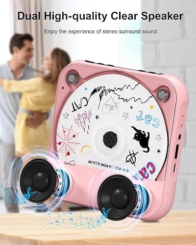 ENVYCLOUD CD Player Portable with Dual Stereo Speakers, Rechargeable Portable CD Player with Bluetooth for Home with Headphones, Support CD/AUX/USB, Pink thumbnail 5