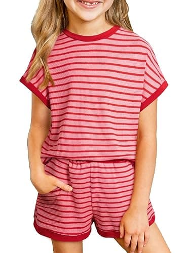 blibean Girls Summer Clothes Sets Kids Textured Striped Outfits Size 6-15 Years - Image 1