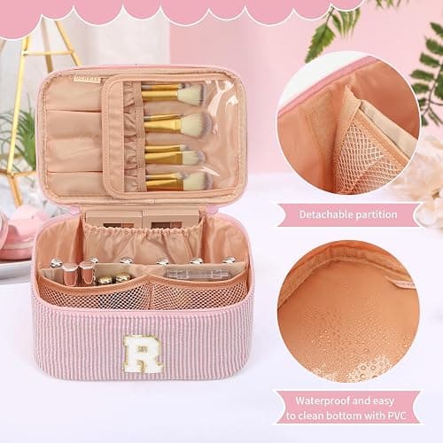 OCHEAL Makeup Bag for Women, Monogram Cosmetic Bag with Brush Holder, Pink Travel Makeup Case Beauty Toiletry Bag Organizer Personalized Gifts for Girls Bridesmaid, Sister, Wife, Friends Initial R thumbnail 5