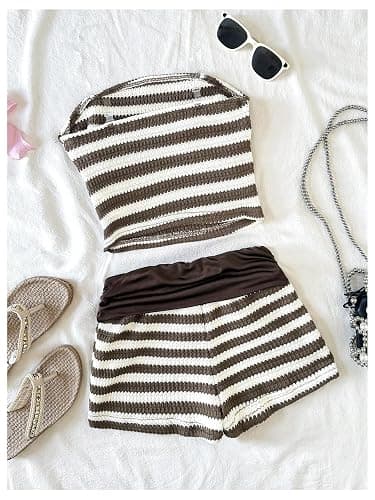 SOLY HUX Girl's Striped 2 Piece Summer Outfits Tube Top and Shorts Sets | Knit, Sleeveless Crop Top, Elastic Waist Shorts, Cute Clothes, Vacation thumbnail 2