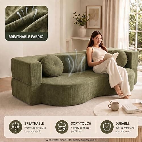 FGNIXLN Woven Fabric Sofa Bed, Convertible Fold Out Floor Couch, Boneless Sofa with 2 Round Cushions, Modular Sleeper Mattress for Living Room Bedroom Guest Room Small Spaces thumbnail 5