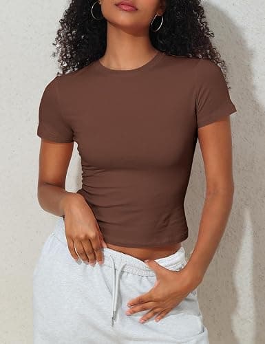 Hilor Women's Casual Basic T-Shirts Going Out Crop Tops Cotton Short Sleeve Tees Tight Fitted Crewneck T Shirts - Coffee - 6-8 thumbnail 6