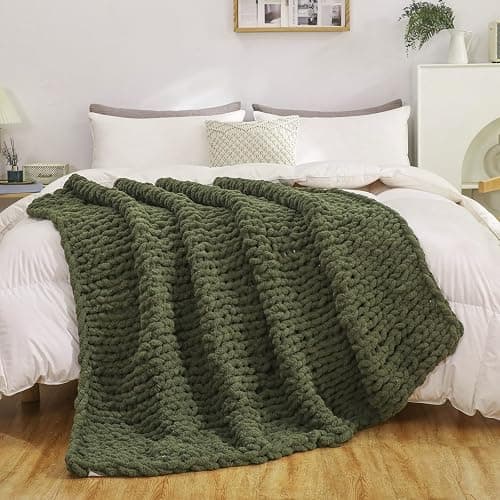 WESHIONGOO Chunky Knit Blanket Throw 51"×63" Knitted Throw Blankets for Couch Bed Fluffy Soft Blanket with Jumbo Chenille Yarn Thick 100% Handmade (Olive Green) thumbnail 7