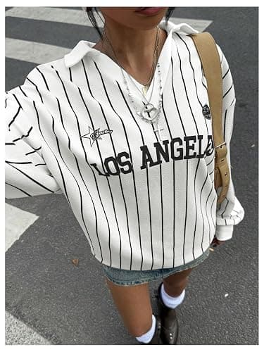 SOLY HUX Women's Oversized Tees Striped Letter Print Y2k Jersey T Shirt Collar V Neck Long Sleeve Loose Tops thumbnail 3