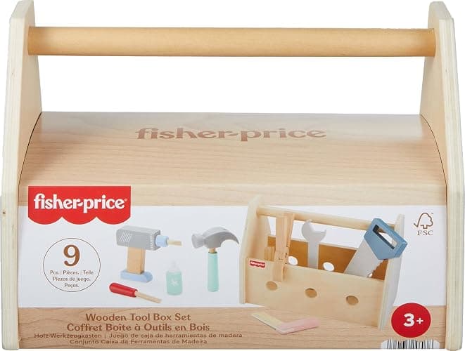 Fisher-Price Wood Pretend Play Toy Tool Box with Drill, 9-Piece Wooden Set for Building Construction Play Preschool Kids Ages 3+ Years thumbnail 7