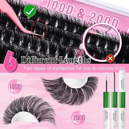 Lash Clusters Kit 100D+200D Mega Lashes Clusters 12-22mm Wispy Individual Thick Volume Eyelash Extensions 280Pcs with Bond and Seal Waterproof DIY Lash Extension at Home, by Hushlibaby(Plant Fiber) thumbnail 3