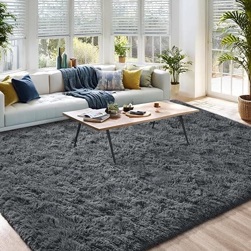 DweIke Fluffy Dark Grey 4x6 Area Rugs for Bedroom Living Room, Soft Plush Shaggy Deep Gray Girls Boys Kids Rug, Non-Slip and Machine Washable Carpet for Dorm Nursery Classroom Decor - 4' x 6' (Rectangular) - Dark Grey thumbnail 2