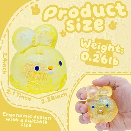 Stress Relief Glitter Bunny Squeeze Toy - Anxiety Calming Sensory Fidget Toy, Soft Squishy Ball for Kids Adults ADHD Autism, Yellow Jelly Hops thumbnail 3