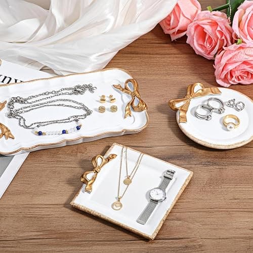 Oqqlin 3 Pcs Bow Jewelry Tray, Resin Decorative Jewelry Tray 3 Size Vintage Trinket Ring Dish Watch Key Bowl for Bedroom, Bathroom Decor thumbnail 5