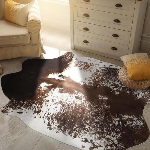 BENRON Cowhide Rug 3x4ft Area Rug Ultra-Thin Cow Hide Rug Non Slip Cow Print Rugs for Bedroom Table Topper Wall Decor Cute Animal Rug Western Faux Leather Carpets,Coffee thumbnail 2