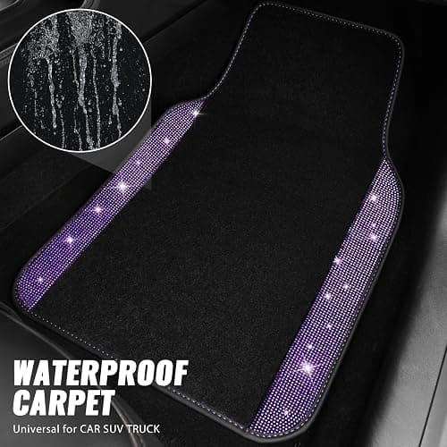 CAR PASS Bling Diamond Leather Steering Wheel Cover 14.5in-15in Floor Mats Shining Rhinestone Carpet Sparkly Glitter Crystal Anti-Slip Pad Fit Automotive SUV Pickup Truck Girl Women, 5pcs Black Purple thumbnail 3