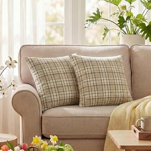 AVOIN colorlife Spring Summer Khaki White Plaid Decorative Throw Pillow Covers, 18 x 18 Inch Holiday Scottish Tartan Cushion Case Farmhouse Decoration for Sofa Couch Set of 2 thumbnail 2