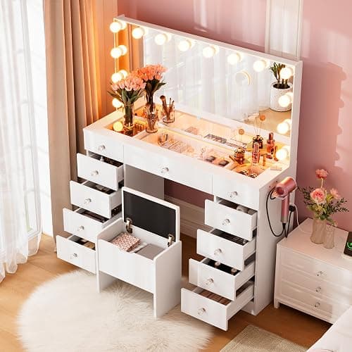 SMOOL Vanity with Mirror and Lights - 46" Vanity Desk with Outlet and 11 Drawers, 3 Color Lighting Modes Adjustable Brightness, Glass Top Makeup Table with Soft Cushioned Stool for Bedroom (White) thumbnail 6