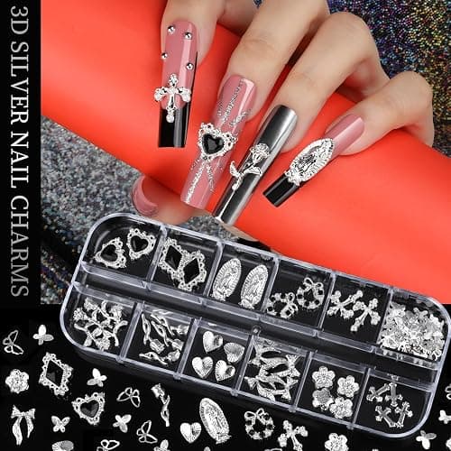 Teenitor Silver Nail Charms and Gems Kit, 4 Boxes Nail Gems Silver Rhinestones for Nails, 3D Y2K Accessories Nail Decor, Cross Charms for Nails Design Star, Caviar Beads for Nails Art thumbnail 2